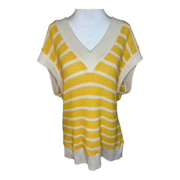 ZARA Women’s Small Yellow and White Striped Knit Rustic Sweater Vest Oversized - Picture 2 of 9